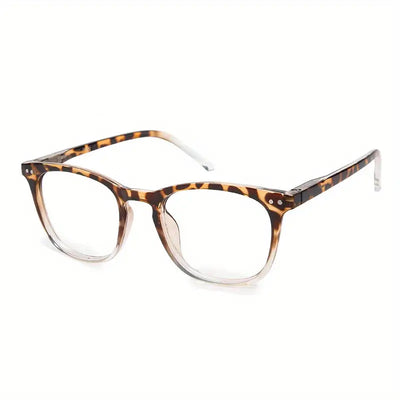 Women's retro leopard print presbyopic glasses with anti-blue light clear lenses and a blue gradient bottom frame. - Image 6