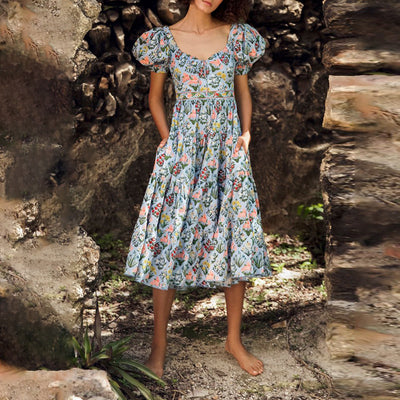 Vestido Azul Mori con Mangas Abullonadas, Cintura Alta y Estampado - Image 8