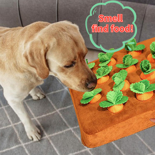 Brown plush snuffle mat with ten orange carrot-shaped toys, each with green leafy tops, for pet foraging and play.