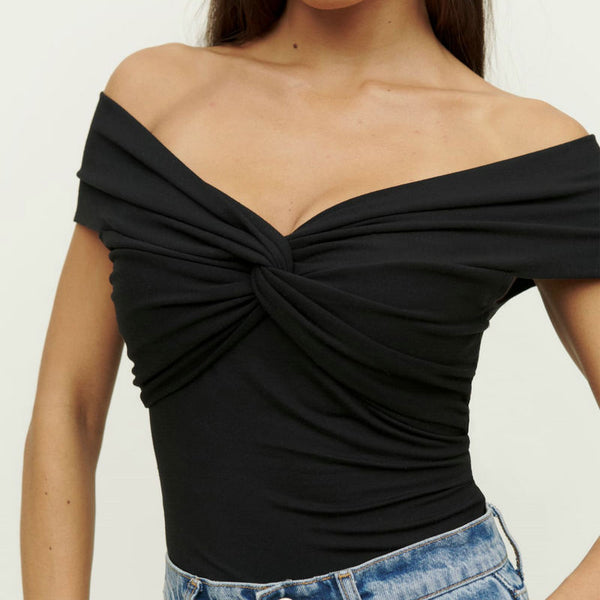 Top Tejido Crop Escote en V Hombros Descubiertos - Ajuste Ceñido Verano