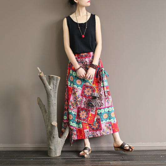 Falda Larga de Lino y Algodón con Estampado Retro - Corte A Irregular Talla Grande - Image 9