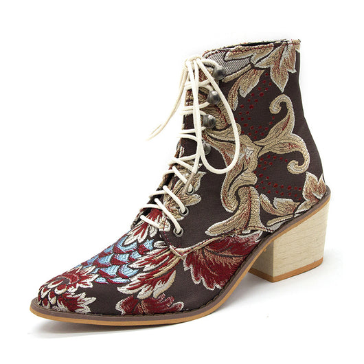 Botas Cortas Étnicas con Tacón Grueso y Bordado de Encaje para Mujer - Image 10