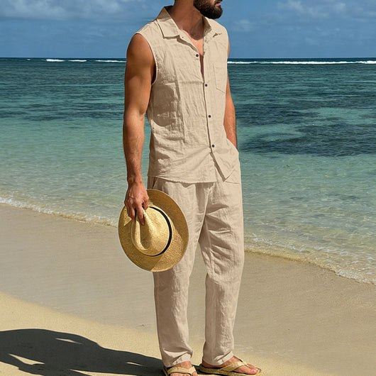 Conjunto de Lino Holgado para Hombre: Camisa sin Mangas y Pantalón Recto - Image 30