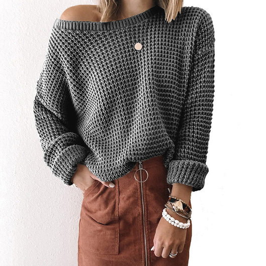 Suéter Tejido Suelto con Cuello Sesgado para Mujer - Otoño e Invierno - Image 4