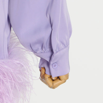 Vestido Camisero Satinado con Plumas - Manga Larga Color Sólido - Image 17
