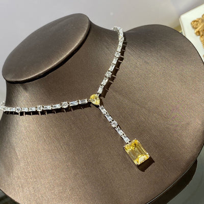 Collar de Plata 925 con Colgante Gota de Agua, Diamante Cuadrado y Borla de Diamante Amarillo - Image 5