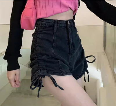 Shorts de Mezclilla Talle Alto con Diseño de Cordón Delgado y Corte Ancho para Mujeres - Image 13