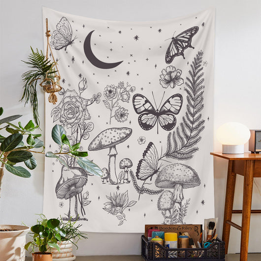 European retro mushroom tapestry with a starry night sky, crescent moon, butterflies, and various colorful fungi and plants. - Image 16