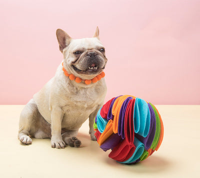 Colorful felt snuffle ball for dogs, designed to hide treats and provide mental stimulation.