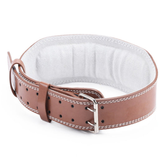 Black PU weightlifting belt with white stitching and a light gray interior, designed for deadlifts and squats.
