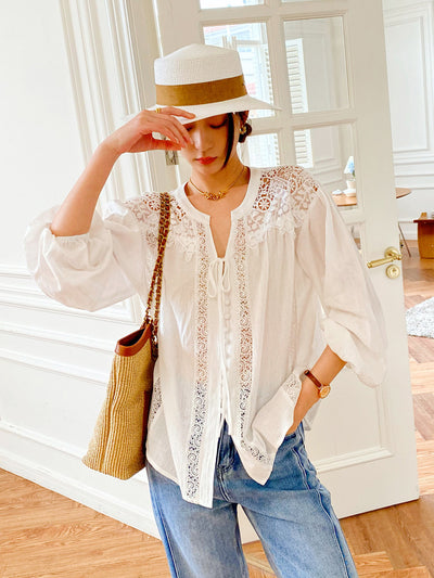 Blusa Blanca de Manga Larga Estilo Francés para Mujer - Image 7