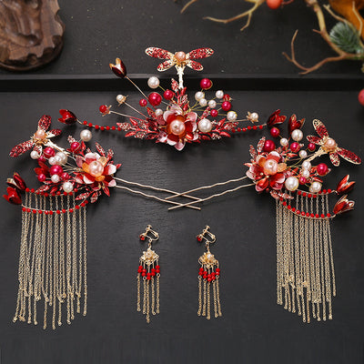 Tocado Estilo Antiguo con Flores Rojas y Flecos - Corona de Pelo Nupcial - Image 8