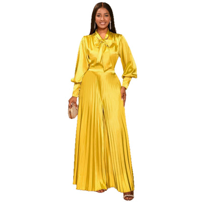 Conjunto Elegante: Blusa V-neck con Moño y Pantalón Plisado Ancho - Image 5