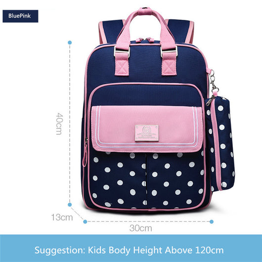 Blue kids' school backpack with white star pattern, front pocket, and matching pencil case. Measures 40x30x13cm. - Image 10