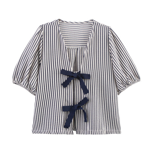 Blusa Rayada con Moño - Manga Corta Versátil para Verano