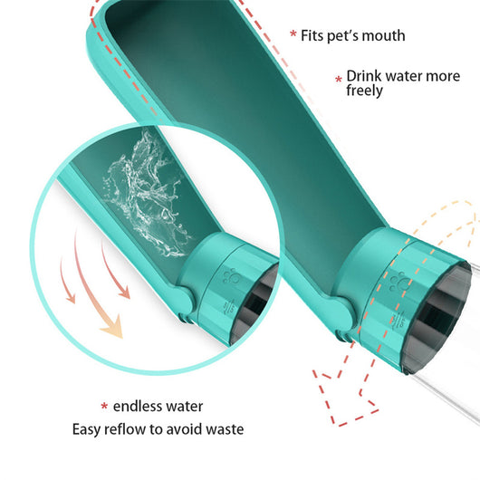 Yellow 450ml portable pet water bottle with a folding drinking trough and white wrist strap, on grass. - Image 21