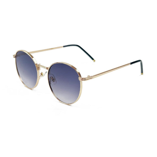 Round red lens sunglasses with a gold metal frame and black temple tips on a white background. - Image 18