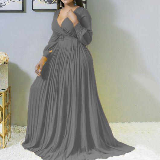 Vestido Largo Africano Mujer Cuello en V Manga Larga Amarillo - Image 5