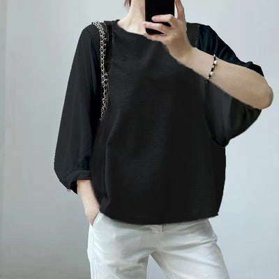 Blusa Suelta de Cuello Redondo con Bloques de Color - Estilo Japonés y Coreano - Image 5