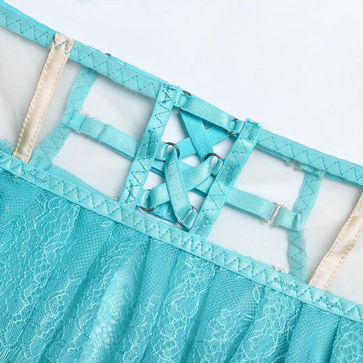 Mint green mesh and lace lingerie set with underwire bra, ruffled garter belt, and thong, displayed flat. - Image 10