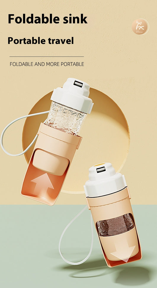 White 2-in-1 travel dog water bottle and food dispenser with a clear compartment and gray lanyard for pets. - Image 20