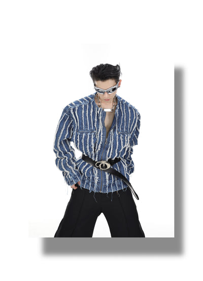 Chaqueta Denim Sin Cuello con Rayas 3D y Flecos Lavados - Image 11