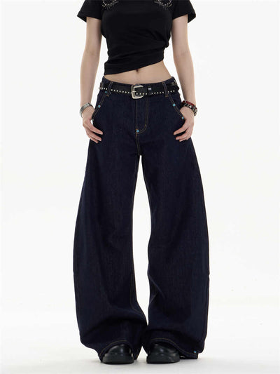 Pantalones Jeans Azul Oscuro Retro Corte Recto Ancho Casual - Image 6