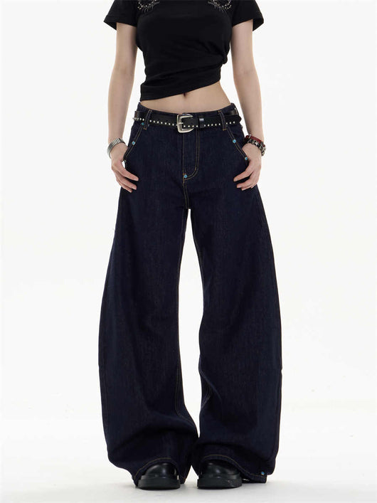 Pantalones Jeans Azul Oscuro Retro Corte Recto Ancho Casual - Image 6