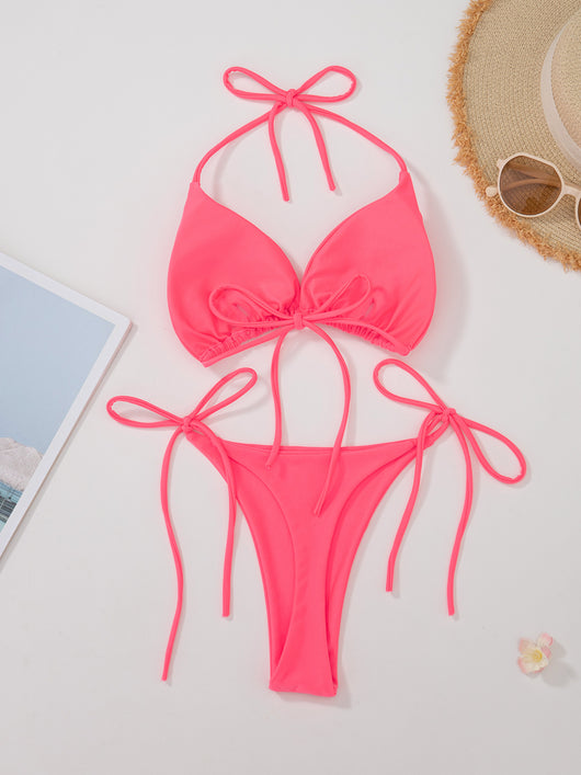 Red solid color two-piece bikini swimsuit with a halter tie-top and adjustable tie-side thong bottom. - Image 9