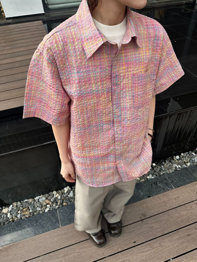 Camisa Cuadriculada Seersucker Suelta para Hombre - Manga Corta Verano - Image 31