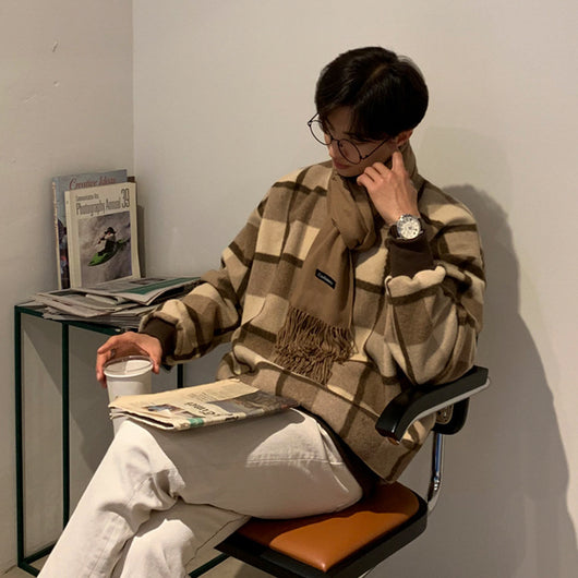 Suéter Cuadros Grueso Hombre Cuello Redondo Abrigo Invierno Oversize - Image 6