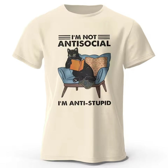 Playera Negra con Estampado de Gato - Tejido Elástico y Cómodo