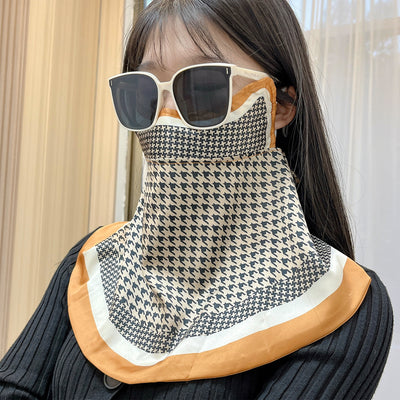 Female cream and black floral polka dot sun protection mask with ear loops, designed for eye corner protection. - Image 39