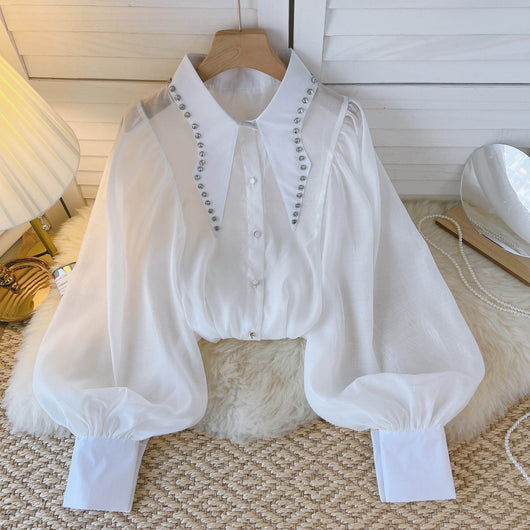 Blusa Elegante para Mujer con Cristales y Mangas Linterna