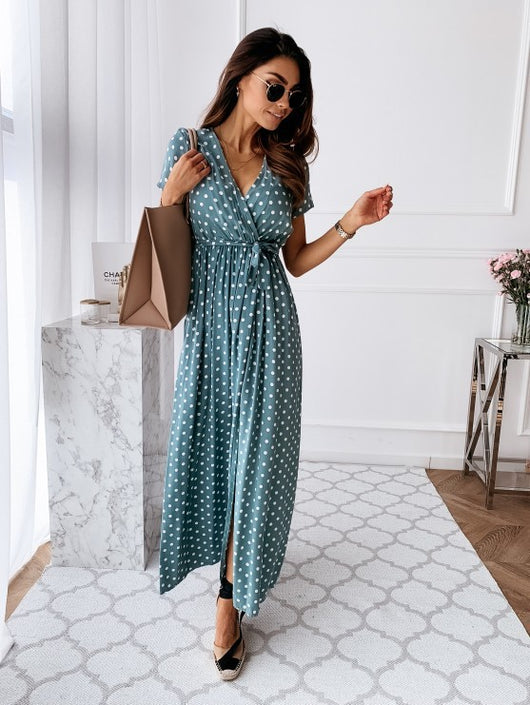 Vestido Bohemio Largo con Escote en V y Estampado de Lunares - Image 18