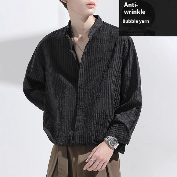 Camisa Masculina Casual Texturizada Preta Anti-Amarrotamento