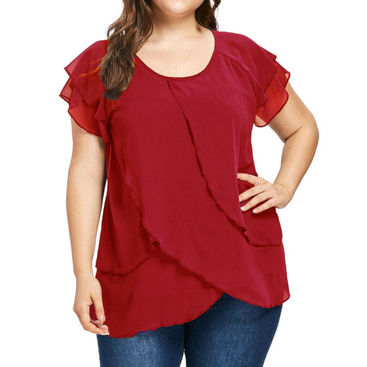 Blusa Chifón Mujer Cuello Redondo Capas Superpuestas Manga Corta - Image 6