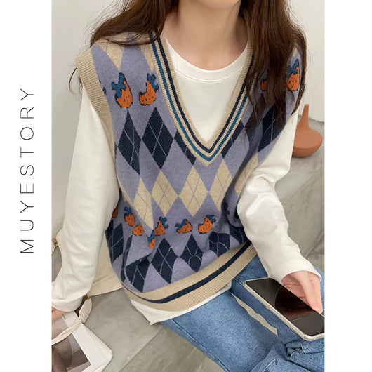 Chaleco Jacquard Fresa Retro Cuello V sin Mangas para Primavera y Otoño - Image 7