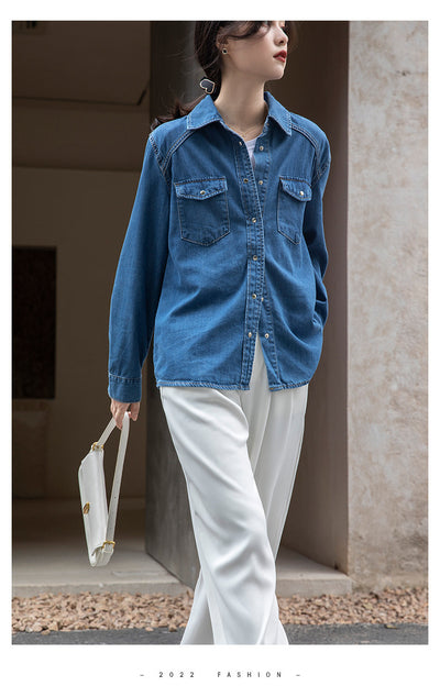 Camisa Denim Retro Azul - Prenda Versátil de Manga Larga - Image 11