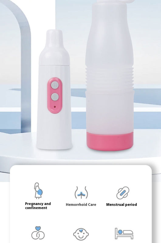 Portable electric bidet with translucent water bottle, white handheld spray unit, USB cable, and grey travel pouch. - Image 13