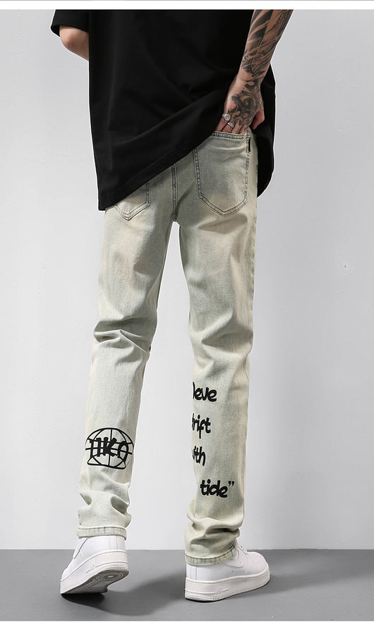 Jeans Vintage Americano Desgastado Amarillo con Estampado de Letras - Image 8