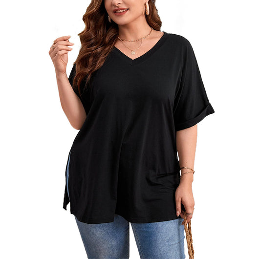 Blusa Suelta con Escote en V y Abertura Lateral - Camiseta Casual de Manga Corta - Image 5