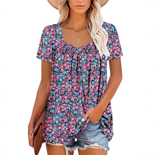 Camiseta Suelta Estampada Cuello Cuadrado Manga Corta para Mujer