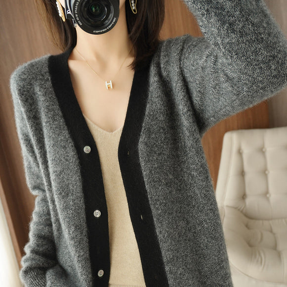 Cardigan de Cuello V en Cashmere con Bloques de Color para Mujer
