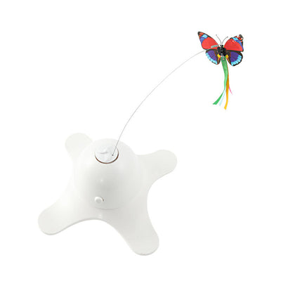 White electric cat toy with a rotating butterfly on a wire, featuring a colorful red, blue, and yellow butterfly. - Image 8