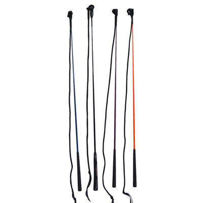 Five equestrian training whips with black handles and shafts in blue, black, purple, and orange, for horse riding. - Image 4