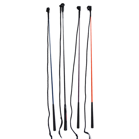 Five equestrian training whips with black handles and shafts in blue, black, purple, and orange, for horse riding. - Image 4