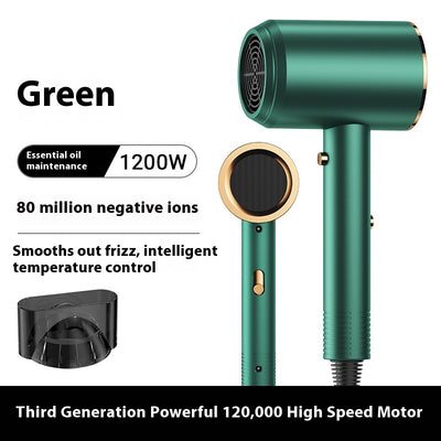 Green electric hair dryer with gold accents, 1200W, negative ion technology, and intelligent temperature control. - Image 9