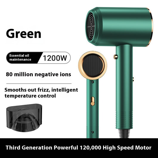 Green electric hair dryer with gold accents, 1200W, negative ion technology, and intelligent temperature control. - Image 9