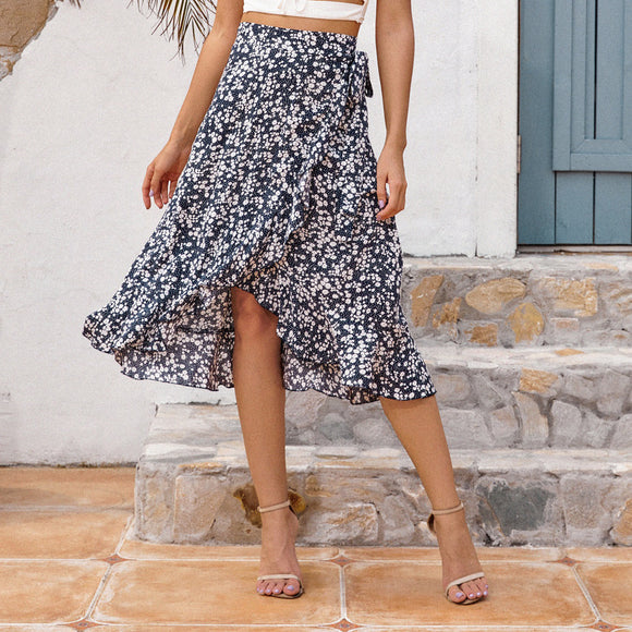 Falda Retro Floral Irregular con Ondas y Cordones Laterales